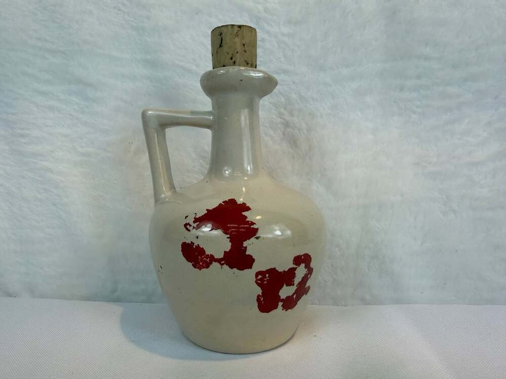 White Jug Vintage 1950s Small 5"H Red Paint Remnants With Handle & Cork Stopper